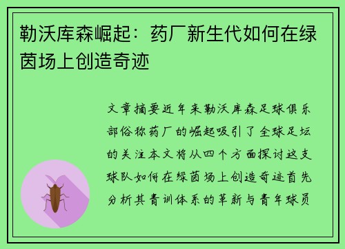 勒沃库森崛起：药厂新生代如何在绿茵场上创造奇迹